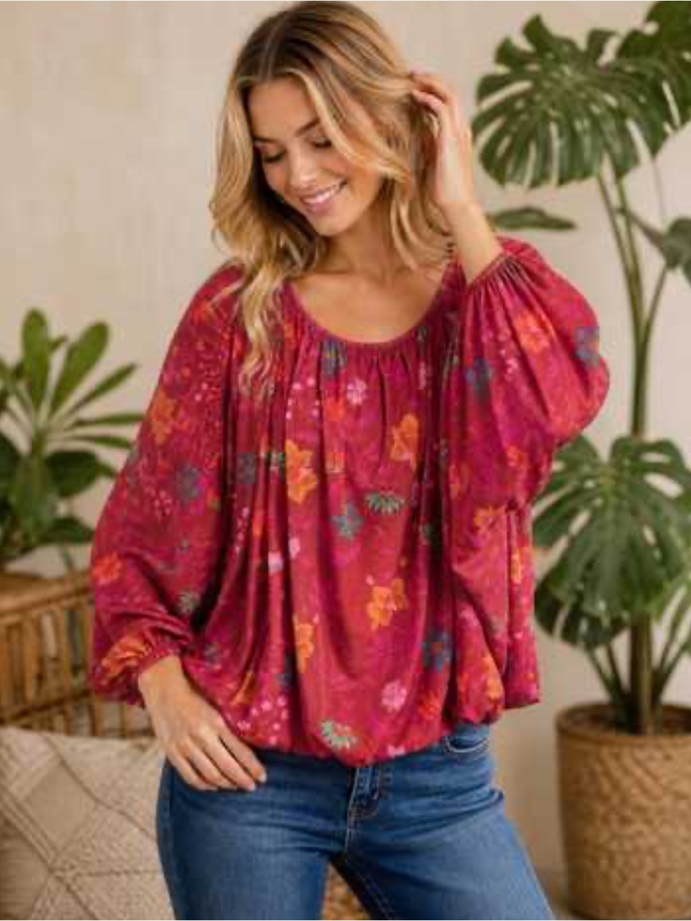 FREE PEOPLE Wildflower Honey Blouson Peasant Top Berry Combo Floral Size S